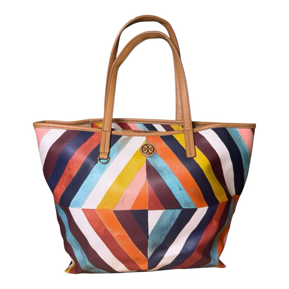 Tory Burch Kerrington Square Tote Multi Color Diamond Stripe Coated Canvas Bag